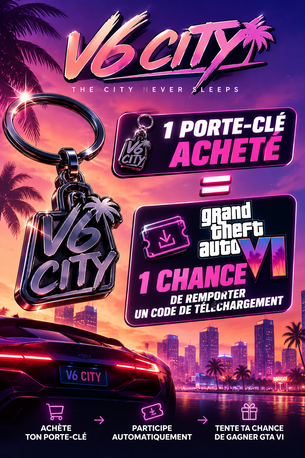 Porte clé V6 CITY KEY + 1 CHANCE DE REMPORTER UN CODE POUR LE JEUX GTA 6